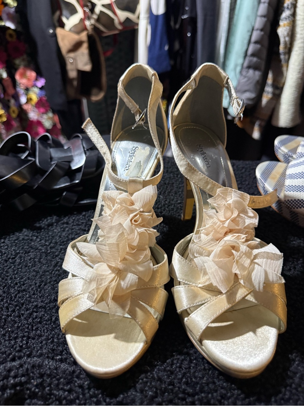 Style & Co. Strappy Floral Accent Women's Heels in Champagne